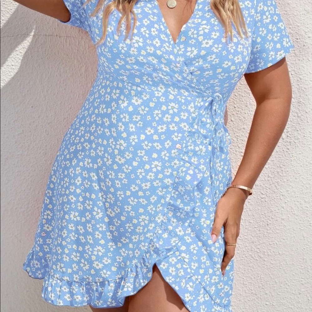 Blue floral faux wrap dress
